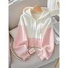 Koreanischer rosa Patchwork-Strickpullover mit Kapuze, Damen Neuer lässiger und hochwertiger Strickpullover