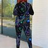 Women Plus Size Black Printed Round Neck Long Sleeve Top And Fitted Pants Two Piece Set