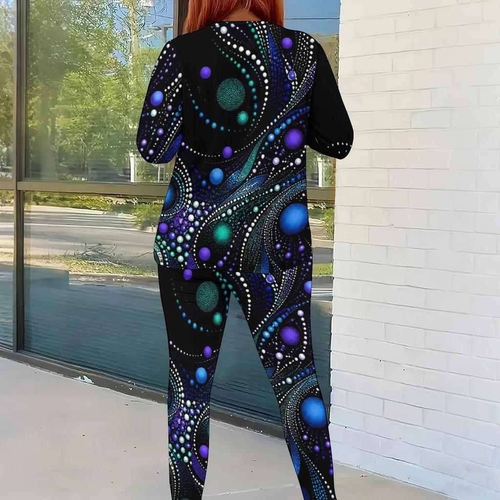 Women Plus Size Black Printed Round Neck Long Sleeve Top And Fitted Pants Two Piece Set