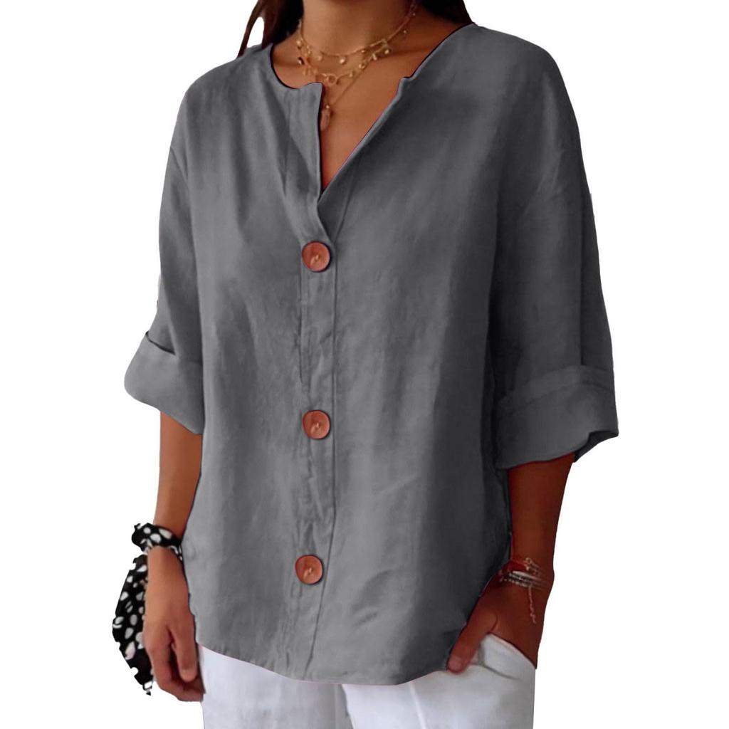 Women's Fashion Casual V-Neck Buttoned Seven-Point Sleeve Cotton T-Shirt Top