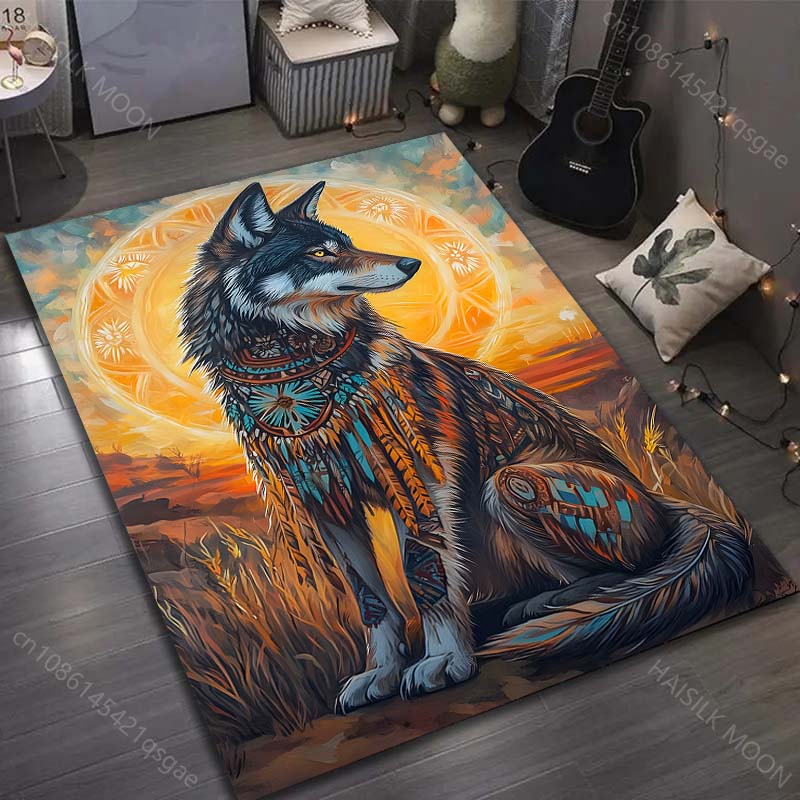 Various Sizes Aboriginal Style Wolf Print Carpet for Living Room Bedroom Bedside Sofa Floor Mat Modern Home Decor Large Size