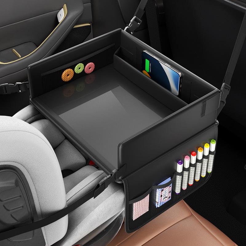 Kids Travel Tray PU Leather Activity Table | Carseat Lap Desk Organizer With Tablet Holder Stand, Snack Cup Child Laptop Bed