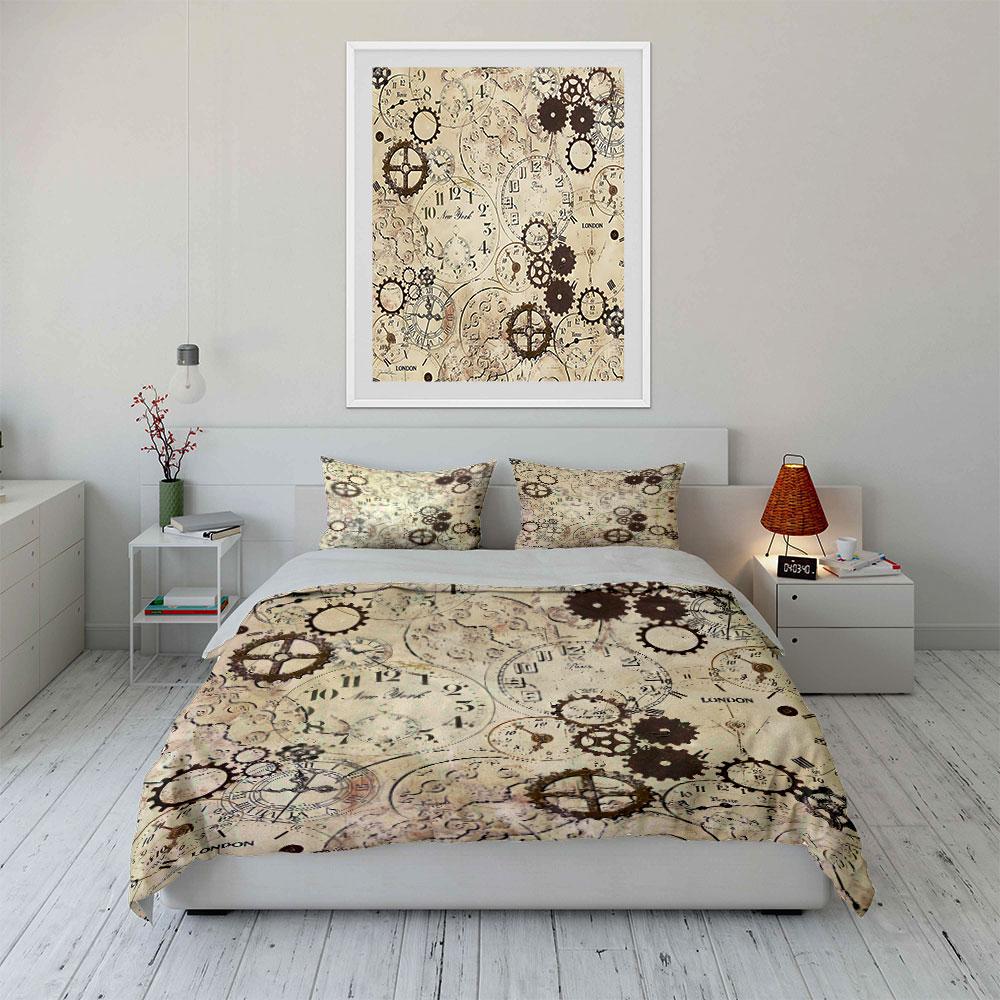 Vintage Clockwork Design Bedding Duvet Cover Set Duvet Cover Pillowcases (1*Duvet Cover 2*Pillowcases, without duvet insert)
