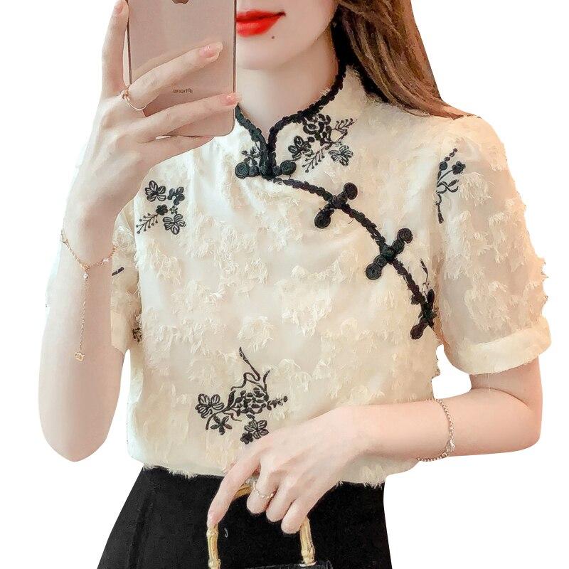 Módní šifon s krátkým rukávem Dámská halenka a topy Elegantní letní květinové košile Dámské Vintage Dámské Oblečení 26025