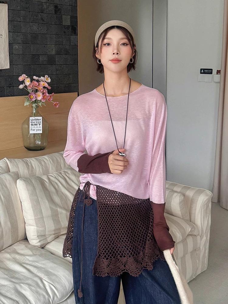 Si Yuan Color Block Wool Blend Long Sleeve T-Shirt - New Round Neck Versatile Elastic Knit Base Layer Small