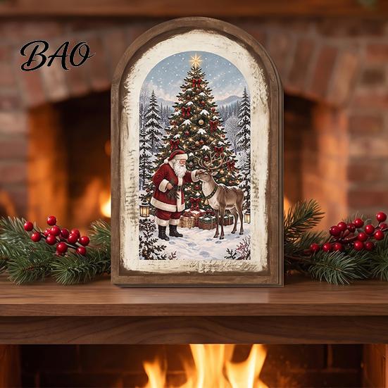 Indoor Christmas Ornament Set Vintage Arched Wooden Photo Frame with Illustration, Retro Distressed Wall Art for Holiday Tabletop Desktop And