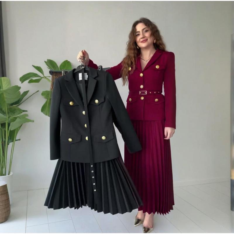 2025 Spring European & American Belted Button Coat with Pleated Skirt Set
