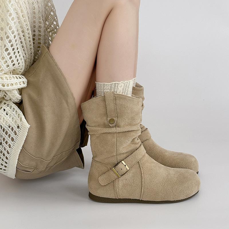 Western cowboy boots Martin boots women's shoes retro suede buckle 2025 new summer design pleated small short boots