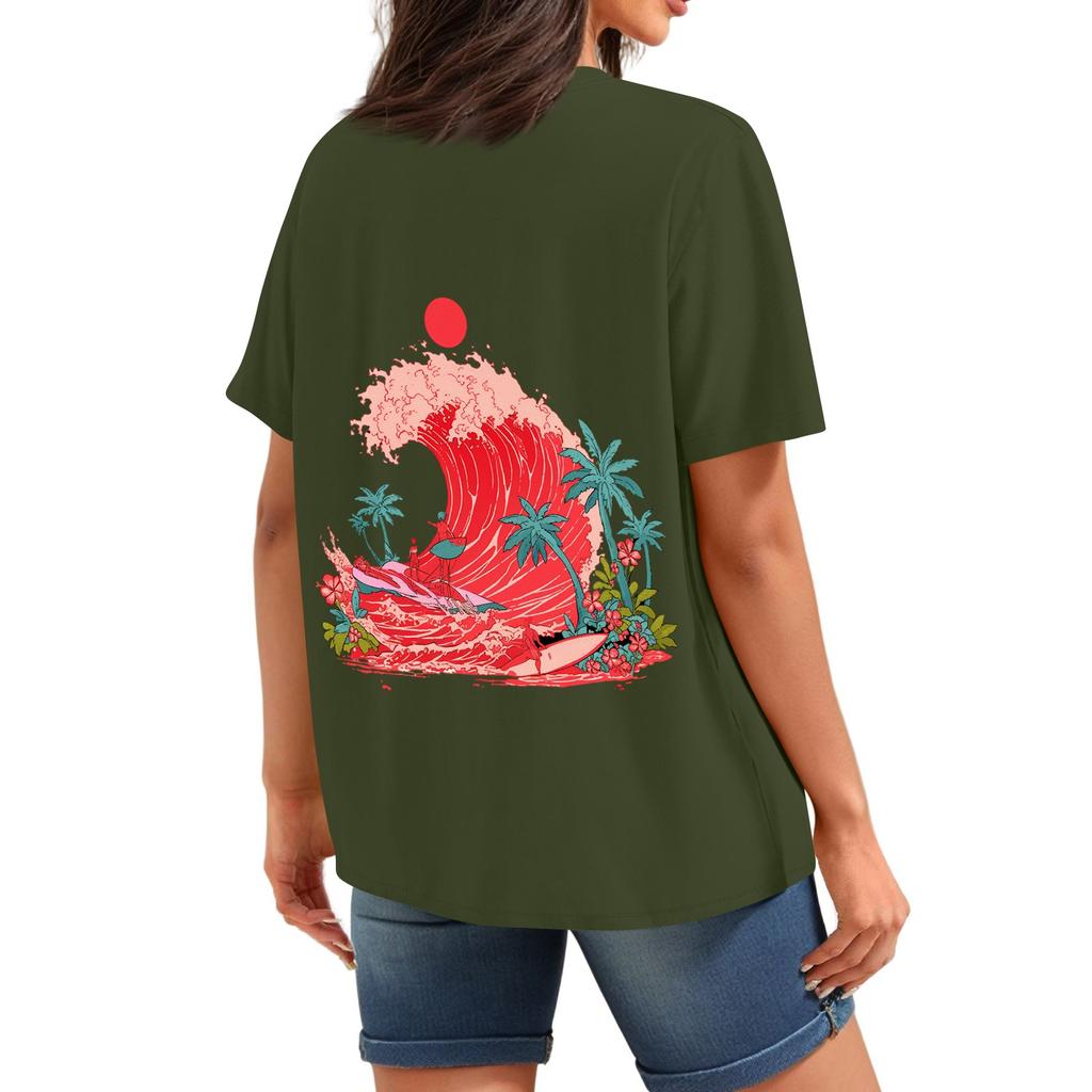 Women's Fashion Printed Casual Pleated Round Short Sleeve T-Shirt Top