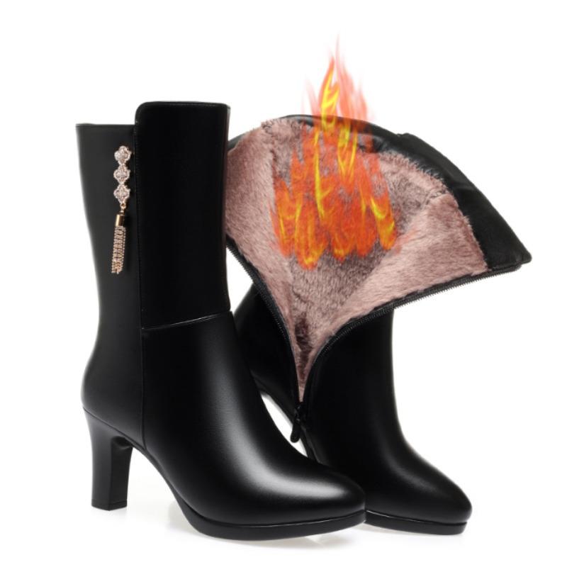 Women High Boots Autumn New Comfort Thick Heel Side Zipper Pointed Fashion High Heel Shoes Female Thick Plush Warm Winter Boots
