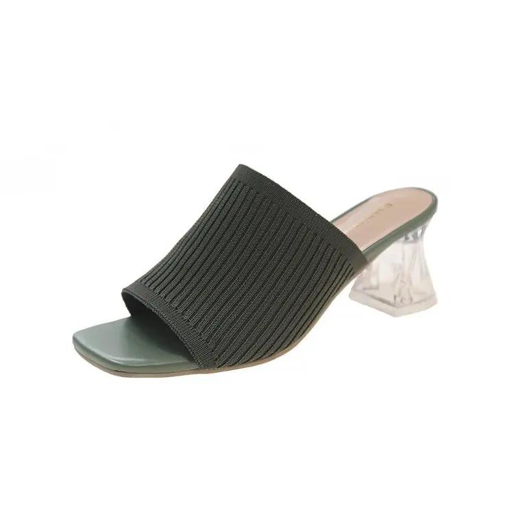 Women Slippers Summer New Closed Toe Comfort Slippers Woman Fashion Fly Weave Outdoor Sandals Female Medium Heel Slippers