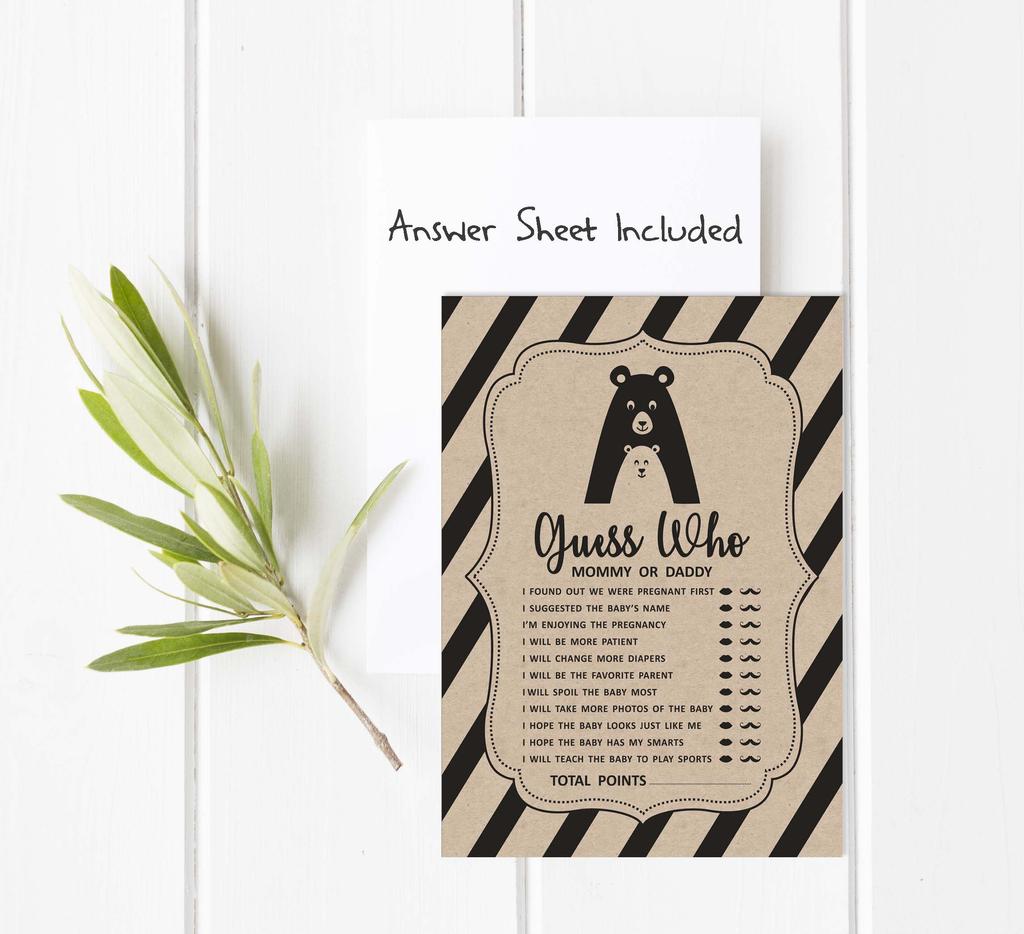 Inkdotpot Mama oder Papa Wer hat es gesagt Spiel Geschlechtsneutral Bär Tier Set mit 50 Lustiges Babyparty Spiel Rustikal Kraft Partyzubehör