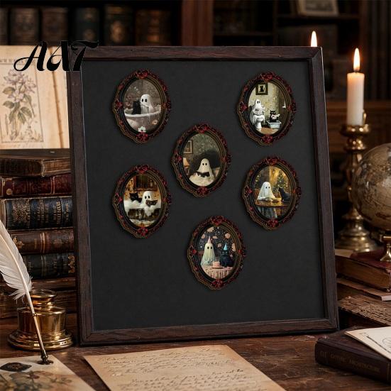 Waterproof Wear Resistant Fridge Decals Halloween Ghost Refrigerator Magnet, Retro Gothic Magnets, Oval Picture Spooky Pumpkin Ornaments Frame