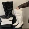 Eilyken Autumn Fashion Designer Buckle Strap Woman Knee High Boots Square Heels Long Modern Booties White Pleated Shoes