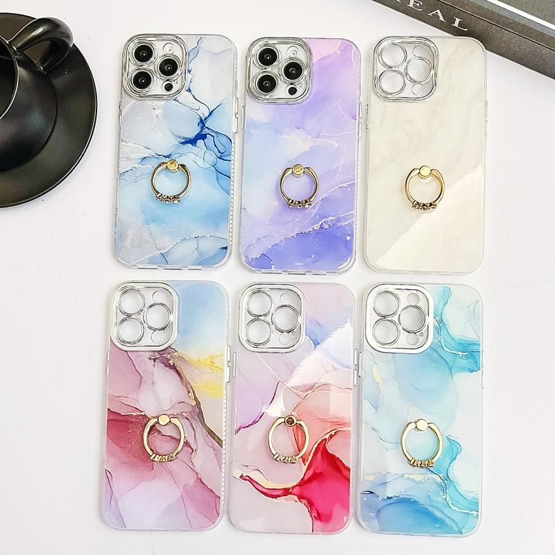 Ring Holder Case For Apple iPhone 16 15 14 Pro Max High Quality Marble IMD PC Stand Shockproof Phone Cover