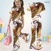 Girls Round Neck Short Sleeve Printed Top Flared Pants Witch Sea Turtle Print Two Piece Set