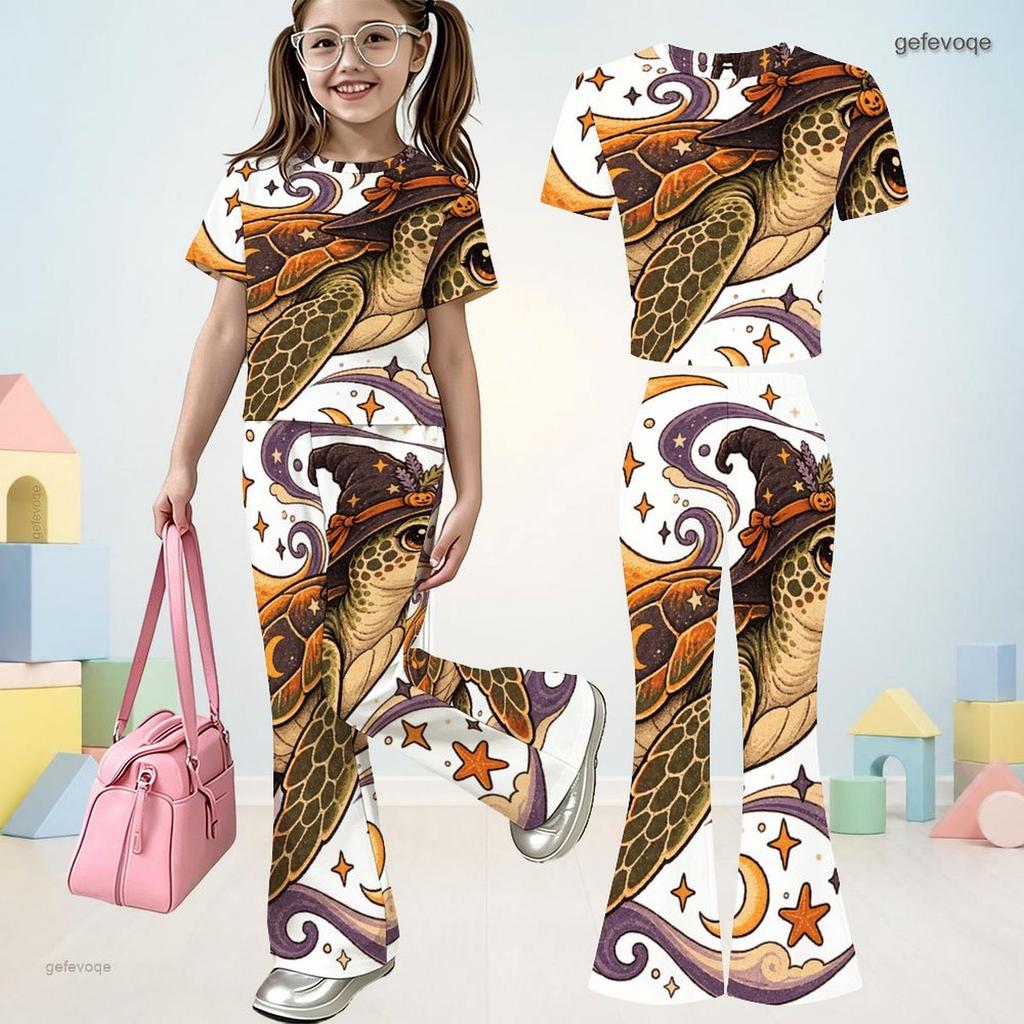 Girls Round Neck Short Sleeve Printed Top Flared Pants Witch Sea Turtle Print Two Piece Set