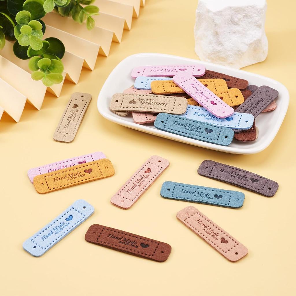 Cheriswelry 54pcs Microfiber Leather Labels 9 Color Rectangle Word Handmade & Love Cloth Labels Art Woven Tag Knitting Fashion Garment Sewing Label