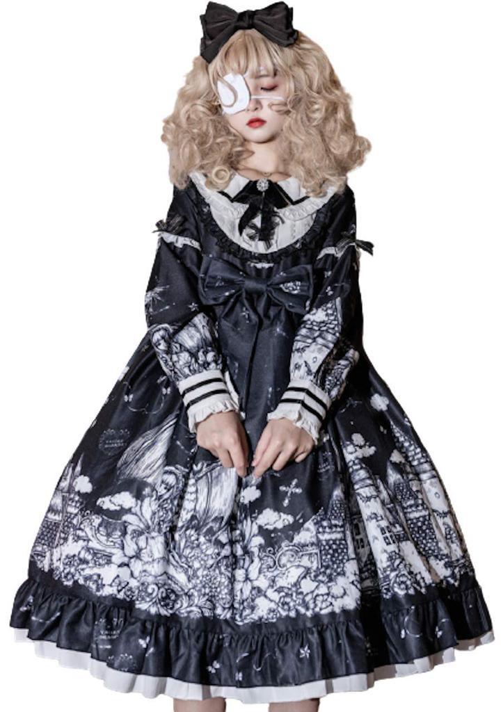 Gothic Lolita Long Sleeve Dress One Piece Skirt Knee Length Black Doll Castle Pattern [Lady Lazy] (L)
