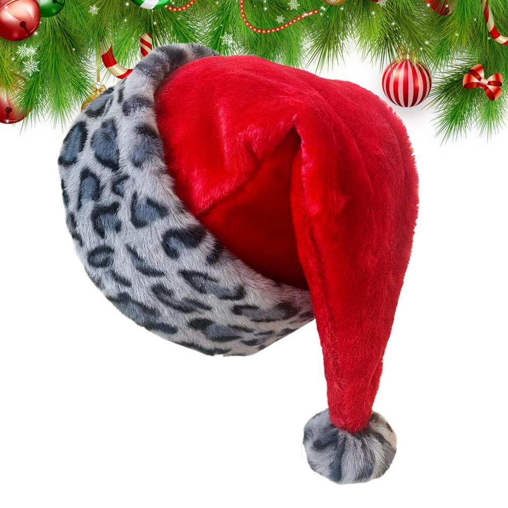

Christmas Santa Hat Soft Warm Winter Holiday Leopard-Print Plush Santa Hat For Photography Parade Cosplay Party New Year Family 31x47cm