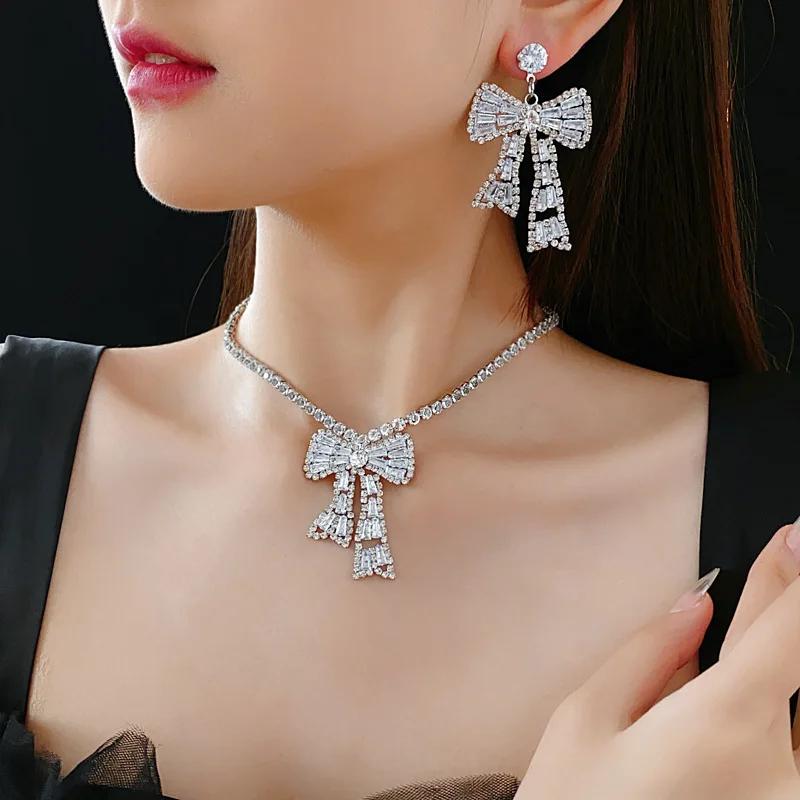 Zircon-in Bow Zinc Alloy Needle Earring Necklace Light Luxury Fashion European American Collarbone Chain Versatile High-end Suit