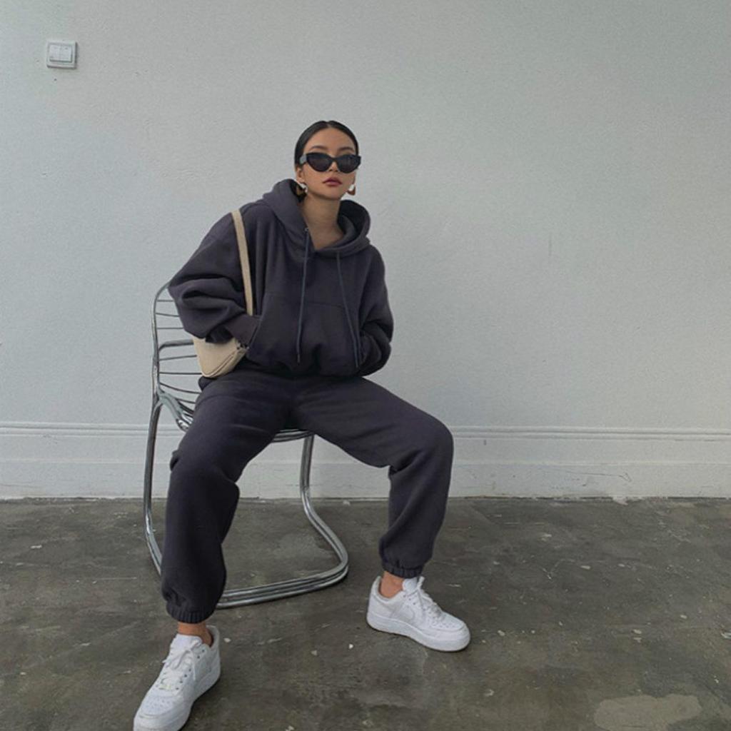 Women Solid Color Long Sleeve Hooded V Neck Hoodies Suit Autumn Winter Loose Top Wide Leg Pants