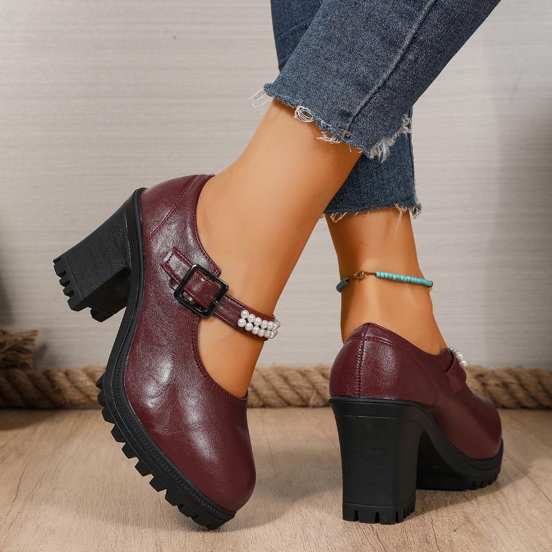 Loafer Autumn New Round Toe Shallow Mouth Metal One Strap Platform Non-Slip Wear-Resistant Block Heel High Heels