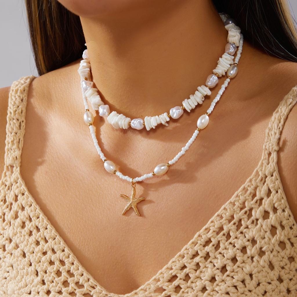 Boho Baroque Imitation Pearl Necklace For Women Starfish Conch Coin Pendant Charm Choker Beach Party Vacation Jewelry Gift