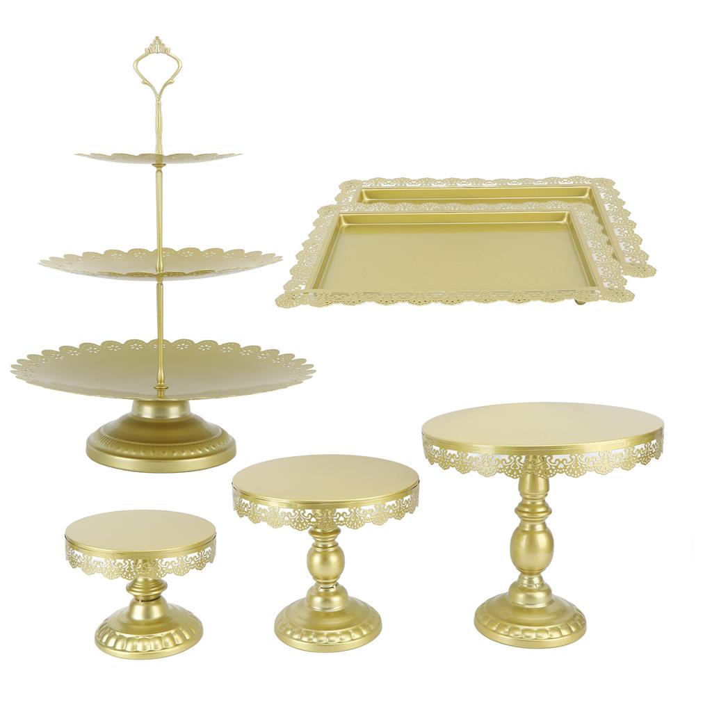 Ensemble de 6 Supports à Gâteaux Dorés en Fer Exquis Rétro Mariage Étages Support à Gâteaux avec Plateaux pour Cupcakes
