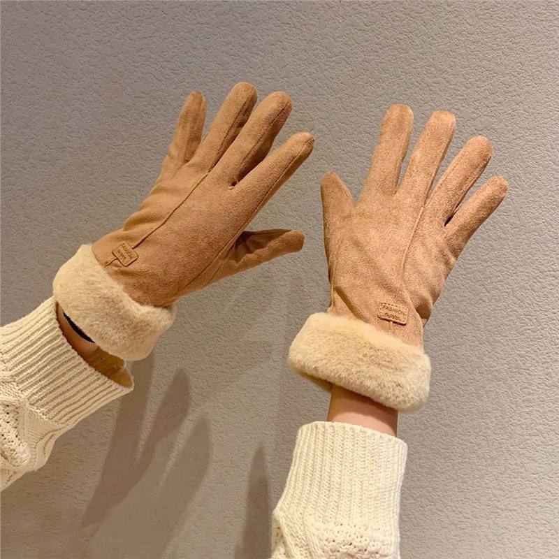 Winter suede warm gloves outdoor windproof piled thickened gloves won the bidding Mao mouth riding touch screen gloves