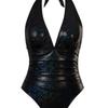 European & American Style Women's Black Snakeskin Deep V-Neck One-Piece Lace-Up Backless Swimsuit