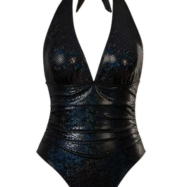 European & American Style Women's Black Snakeskin Deep V-Neck One-Piece Lace-Up Backless Swimsuit