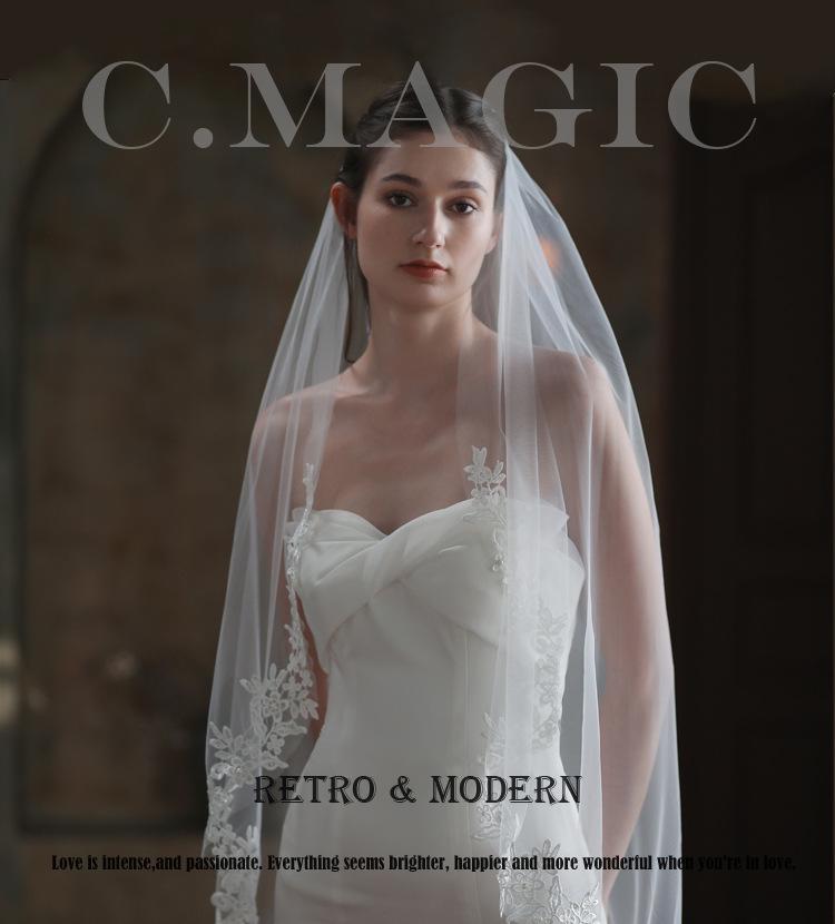 Xinmeiji Women's White Lace Edge Bridal Veil, European & American Style, Single Layer, Wedding & Travel Headpiece V683-1