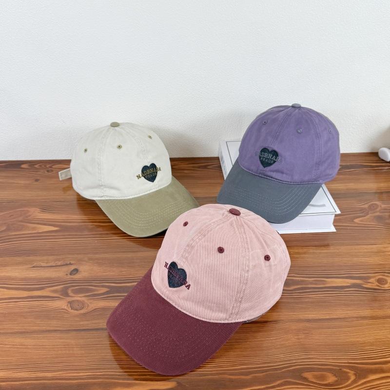 Korean-style New Washed Heart-shaped Color-block Baseball Cap for Girls, Soft-top Duckbill Cap, Versatile, Casual, Cute Hat, Trendy for Men