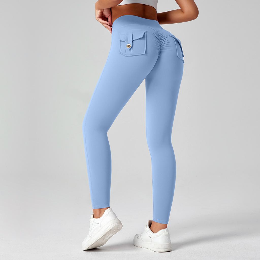 Fitness Leggings With Pocket Sports Yoga Pants Scrunch Buttons Peach Hips Workflow High Waist Running Gym Tights Women