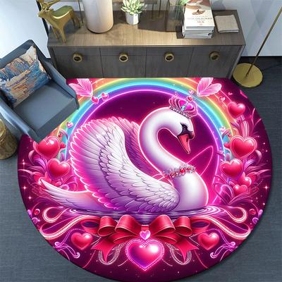 1pc Soft, Absorbent & Non Slip Pink Love Swan and Rainbow Round Rug Soft Circle Rug for Living Room & Bedroom Decor, Chair Mats, and Unforge