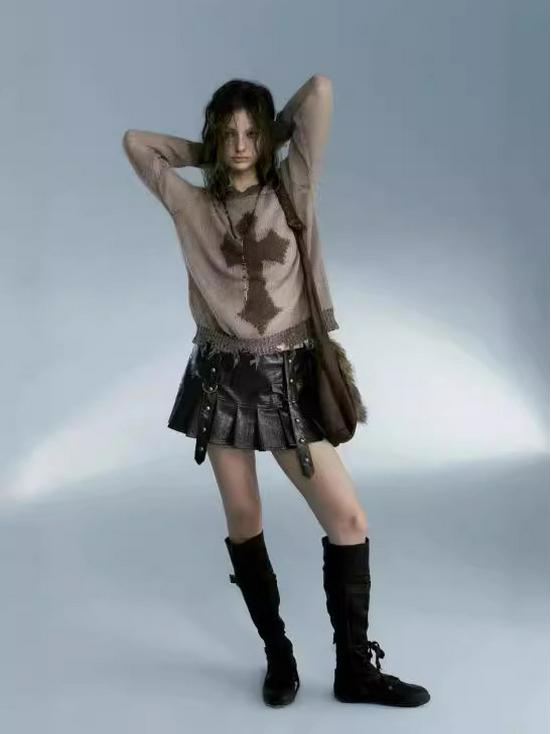 Y2K Cross Print Knit Crew Neck Women's Sweater