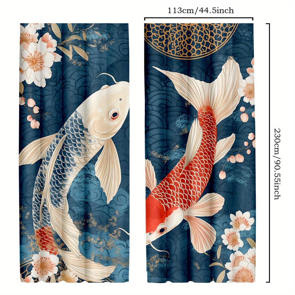 Set of 2 Japanese Koi Fish Curtains   Anime-Inspired Room Darkening Drapes for Bedroom Decoration