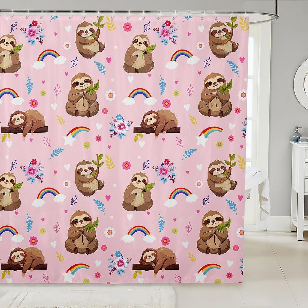 Cute Floral Cat Shower Curtain Cartoon Pet Animal Fabric Shower Curtain Colorful Kitten Flowers Bathroom Curtains Romantic