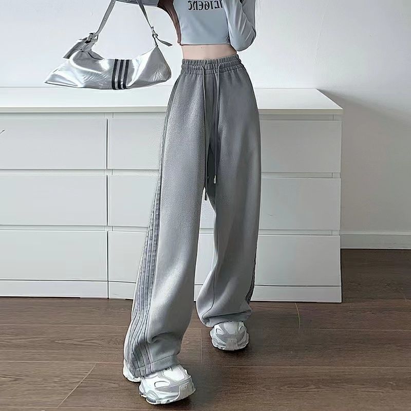 American Style Pink Striped Sports Women Spring Autumn Casual Thicken Sweatpants Loose Straight Elastic Waist Wide Leg Trousers