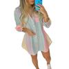 European & American Style Summer Striped V-Neck Button-Up Long-Sleeve Shirt Dress