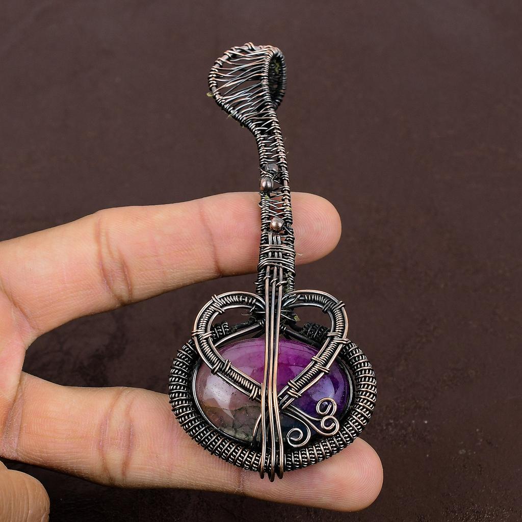 Rainbow Solar Quartz Handmade Copper Wire Wrap Guitar Pendant 3.1" e6I15