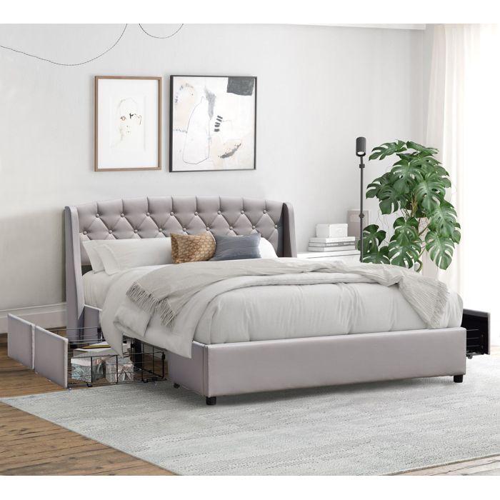 Iris - Solid and Comfortable Bed 140x200 with Base with 4 Drawers GREY Color Headboard Feet In 4 Cm - 2