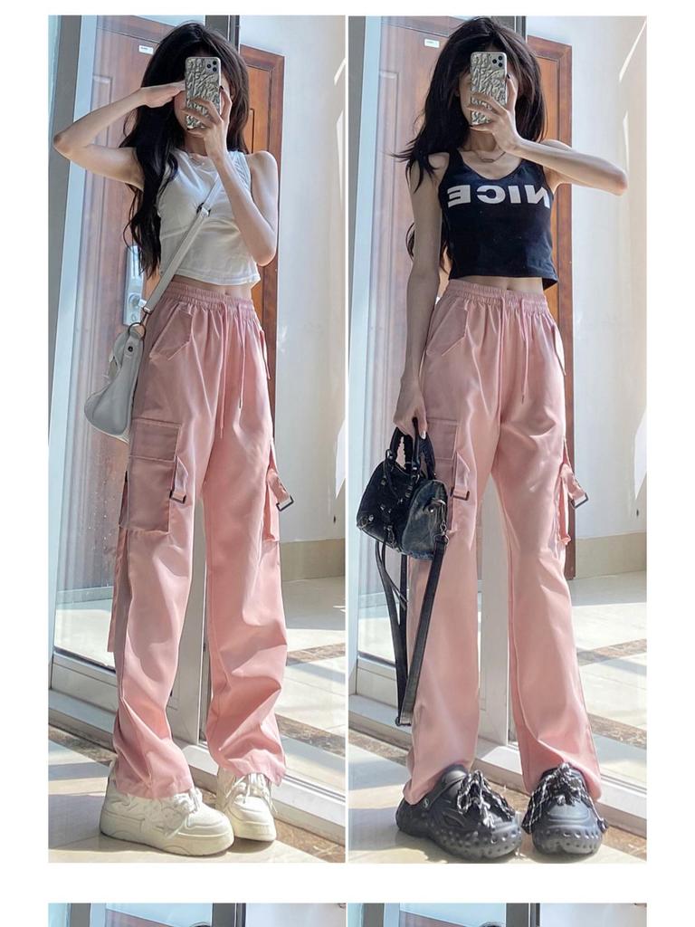 Unisex Military Green High-Waist Wide-Leg Cargo Pants - Lightweight, Summer Casual Fashion