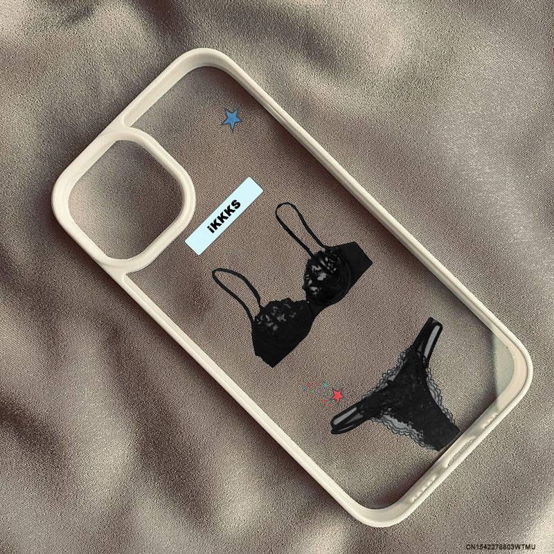 Fashion Sexy Black Lace Bra Pattern Phone Case For iPhone 16 17 Pro 15 14 13 12 11 XR XS Max 7 8Plus Underwear Clear Hard Cover