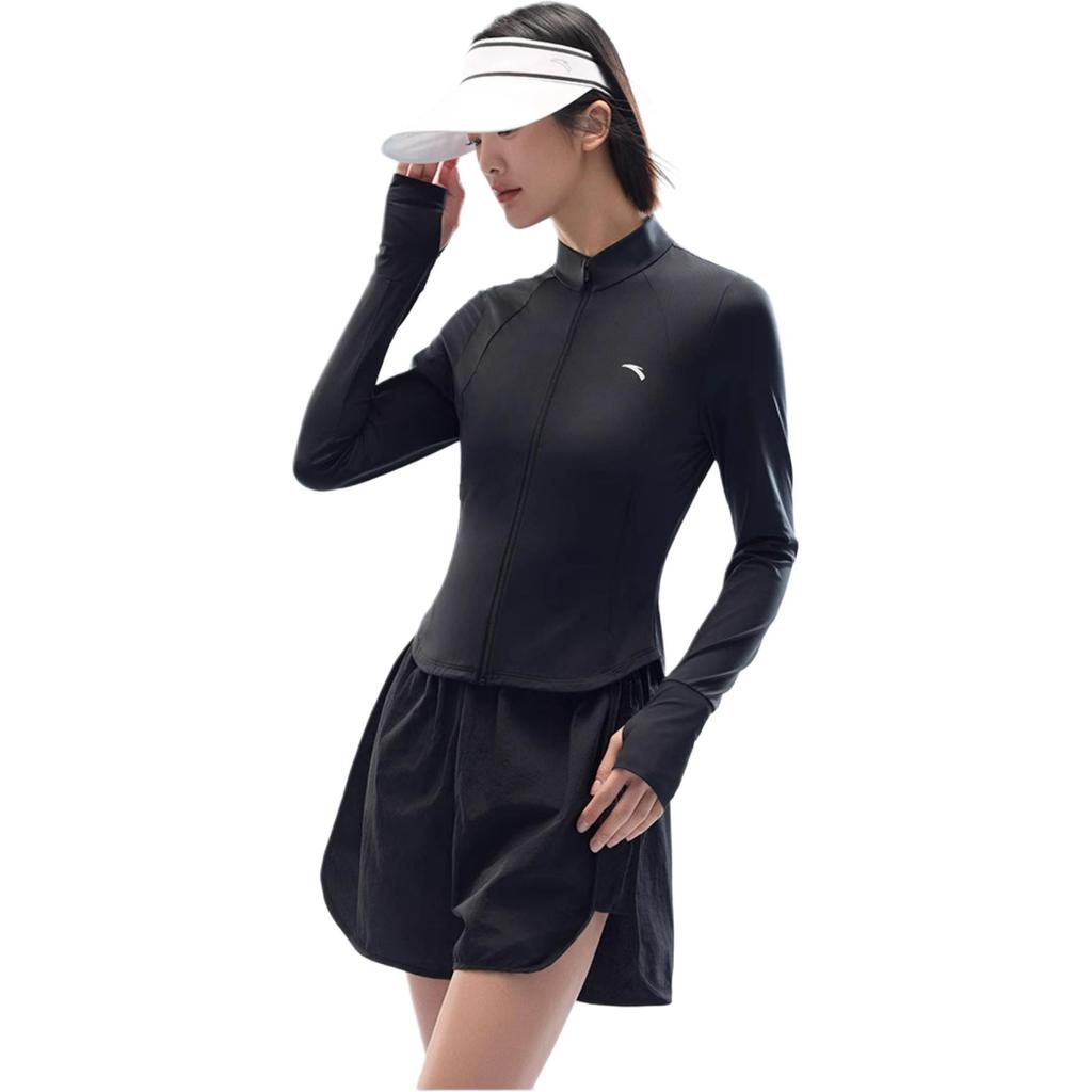 Anta Training Series Solid Color Zip Stand Collar Comfortable Breathable Versatile Long Sleeve Sun Protection Top Women Tops Basic-Black 962527701-5