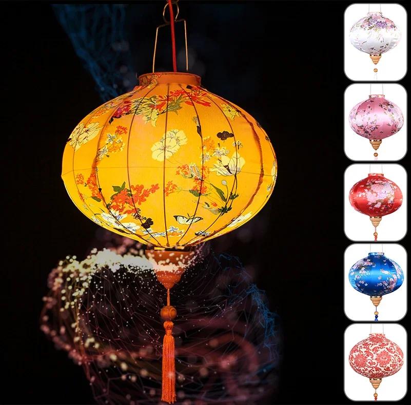 Chinese Style 12/14Inch Retro Floral Printed Silk Lantern Japan Vietnam Traditional Lantern for New Year Wedding Festival Decor