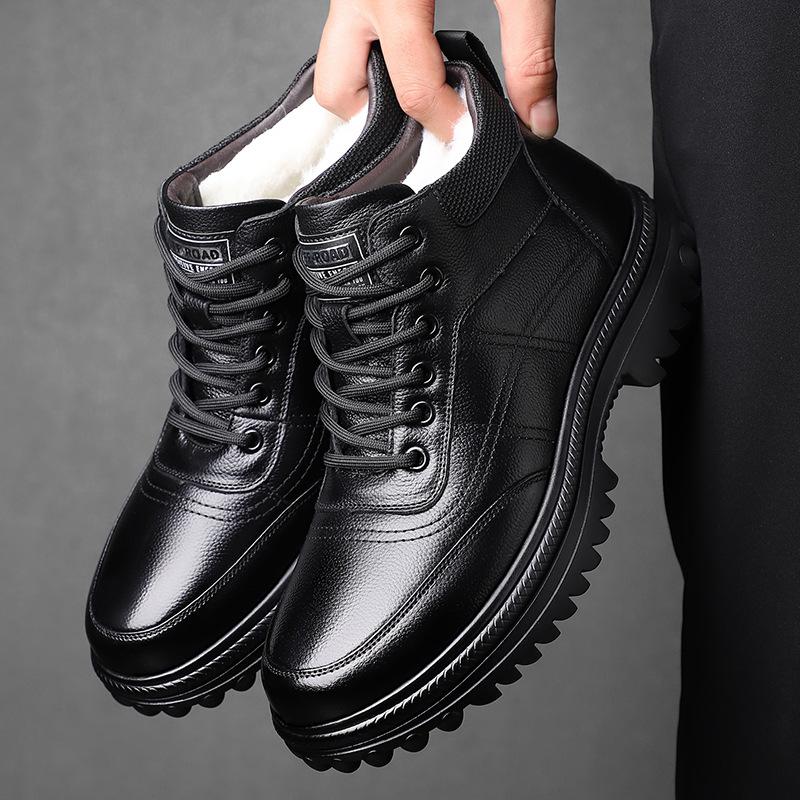 New Designer Wool Business Casual Shoes Men Winter Keep Warm Cow Leather Boots Male Anti-slip Lanyard Platform Ankle Boots Man