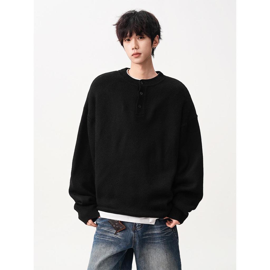 Men's Trendy Solid Color Henley Neck Sweater Jacket - Autumn Winter Loose Casual Knitwear