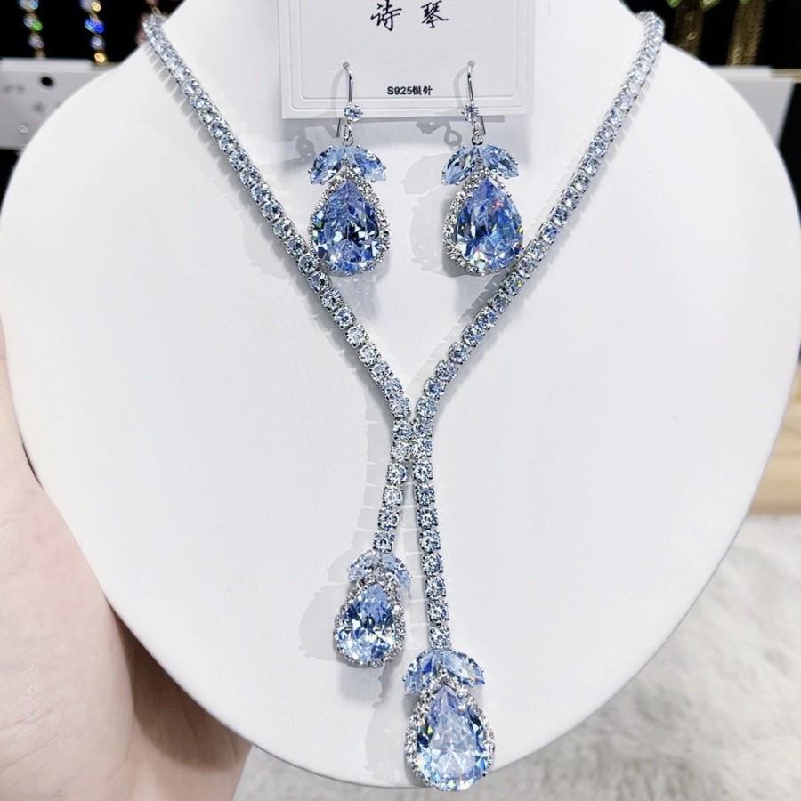 Women Fashion Trend Zircon Luxury Necklace Earrings Blue Drop Set 2025